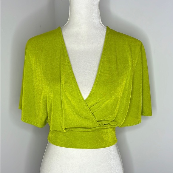 Y2K Objex Lime Green Slinky Faux Wrap Crop Top V Neck Dolman Sleeve Size M - Picture 3 of 10